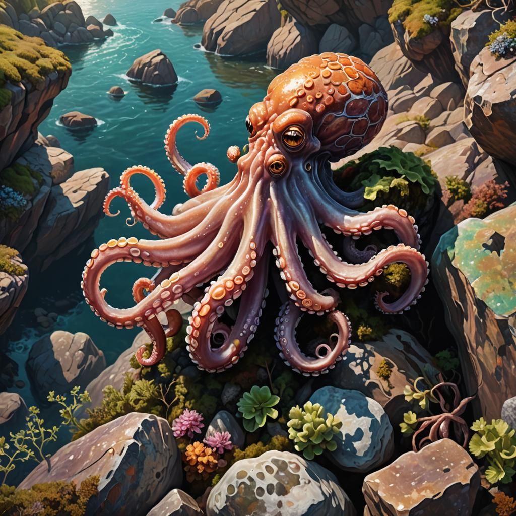 Octopus Climbing Rock in Hyper-Realistic Digital Art