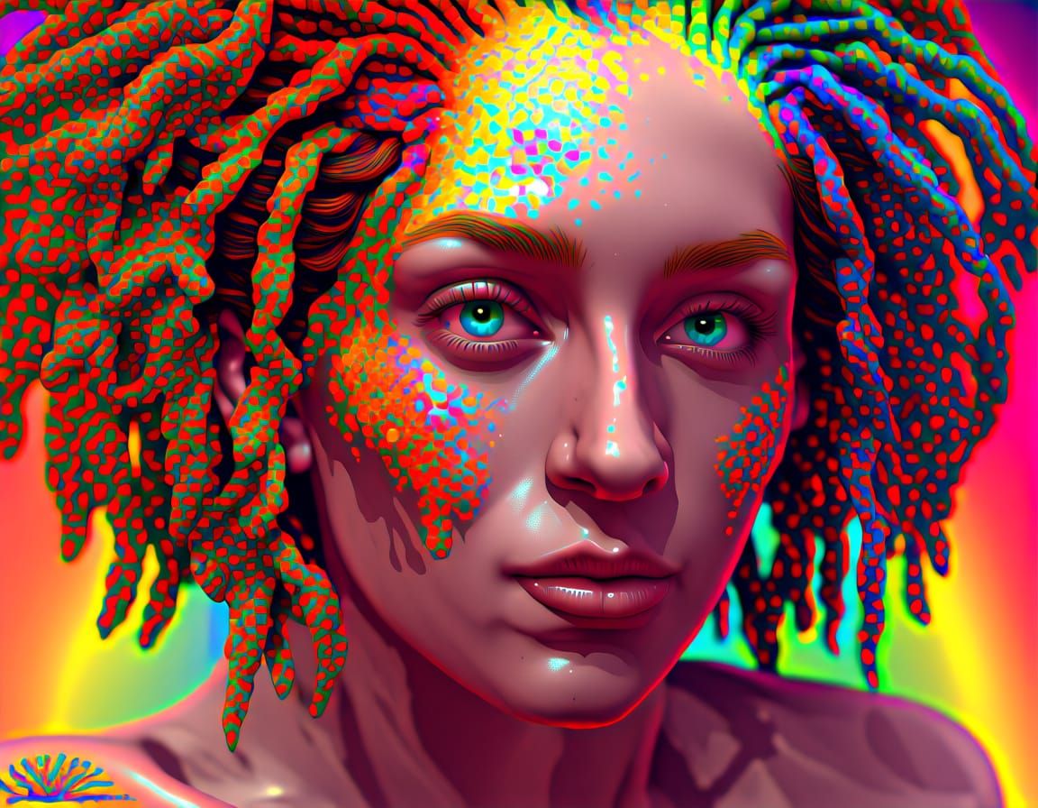 Dreadlock Rasta Queen Fractal Face in Ink Illustration