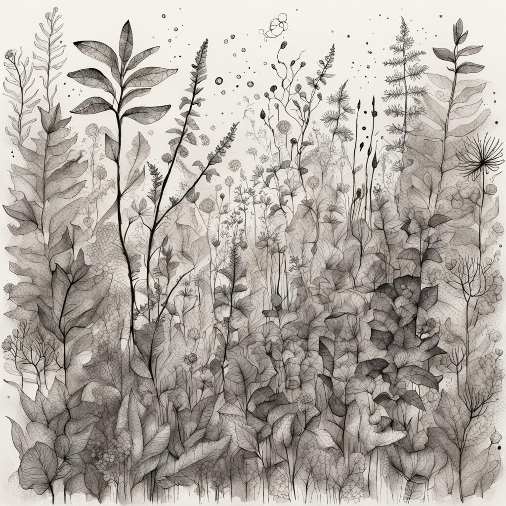 Botanical Ink Drawing with Sketch-Like Style