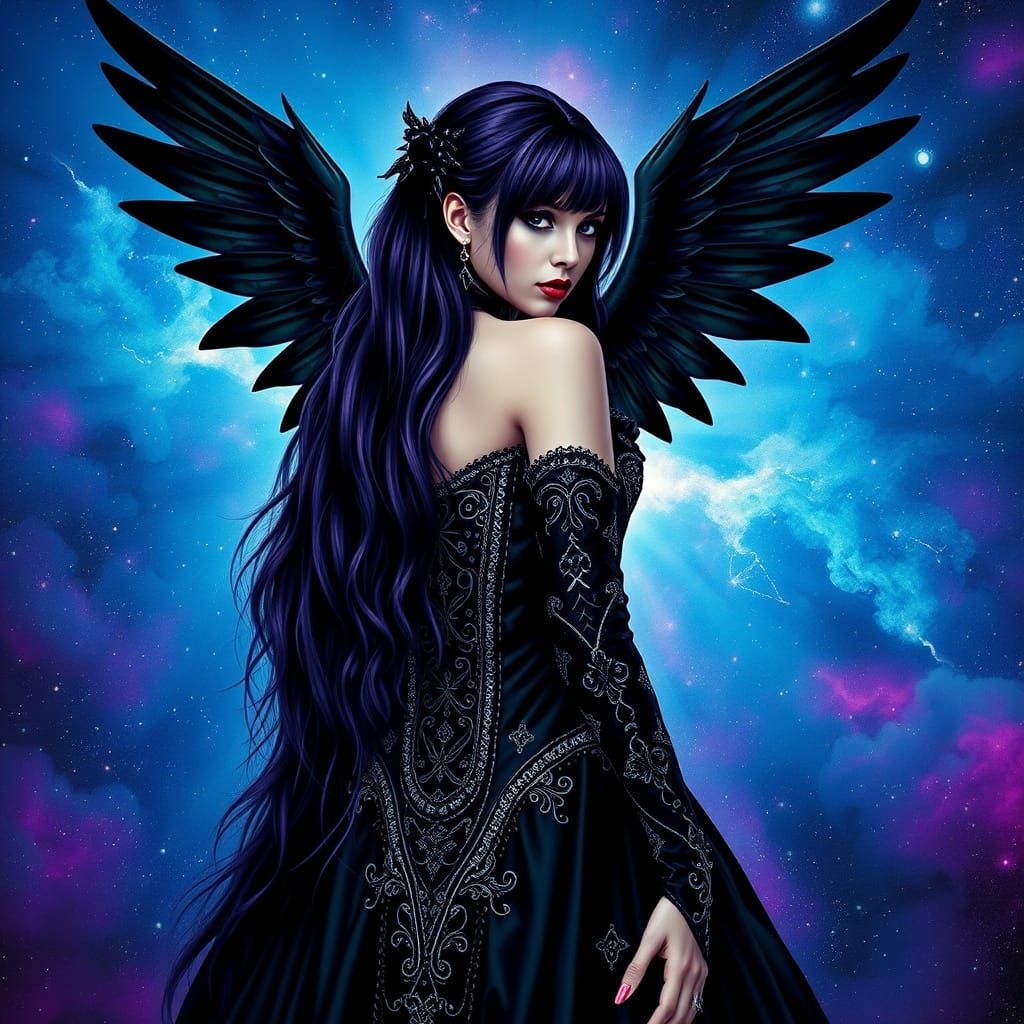 Gothic Space Queen in Dark Purple Majesty with Black Angel W...