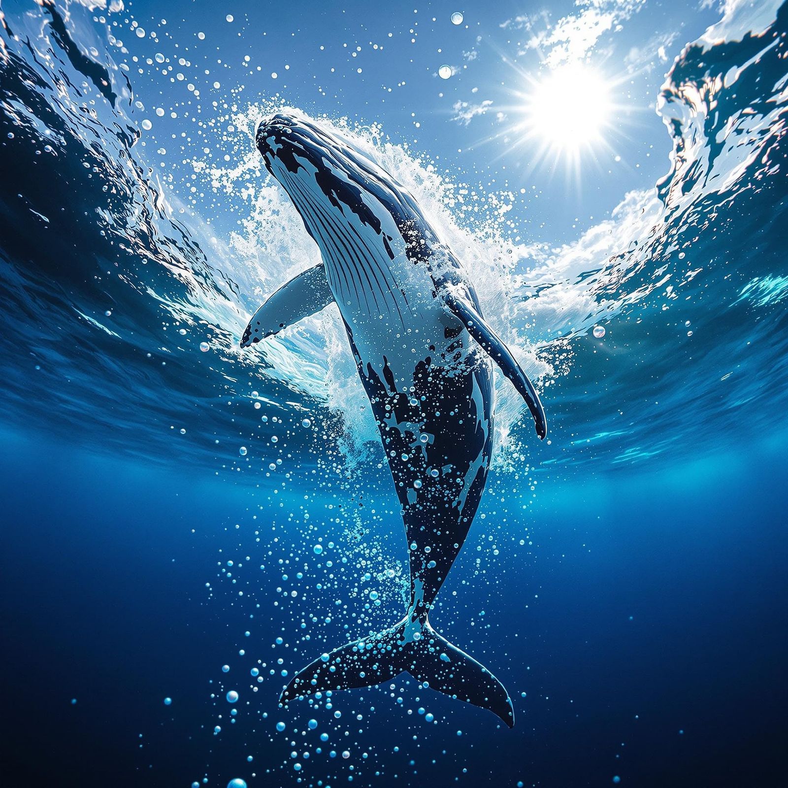 Whale Plunges Downward in Sunlit Ocean
