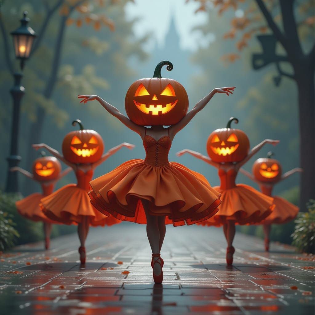 Ballet Dancing Pumpkins in Fantastical Matte Painting Style
