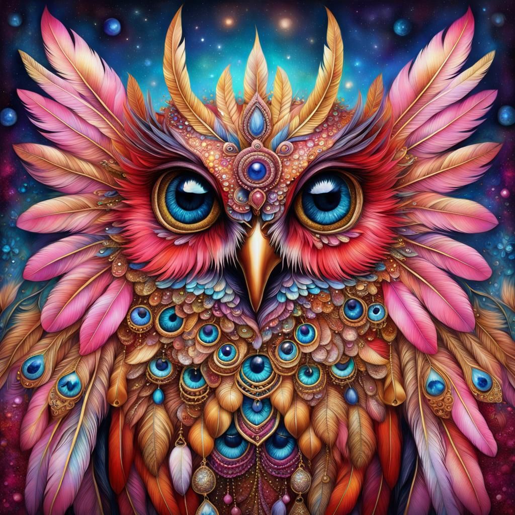 Hyperrealistic Feathered Creature with Bells and Glitter