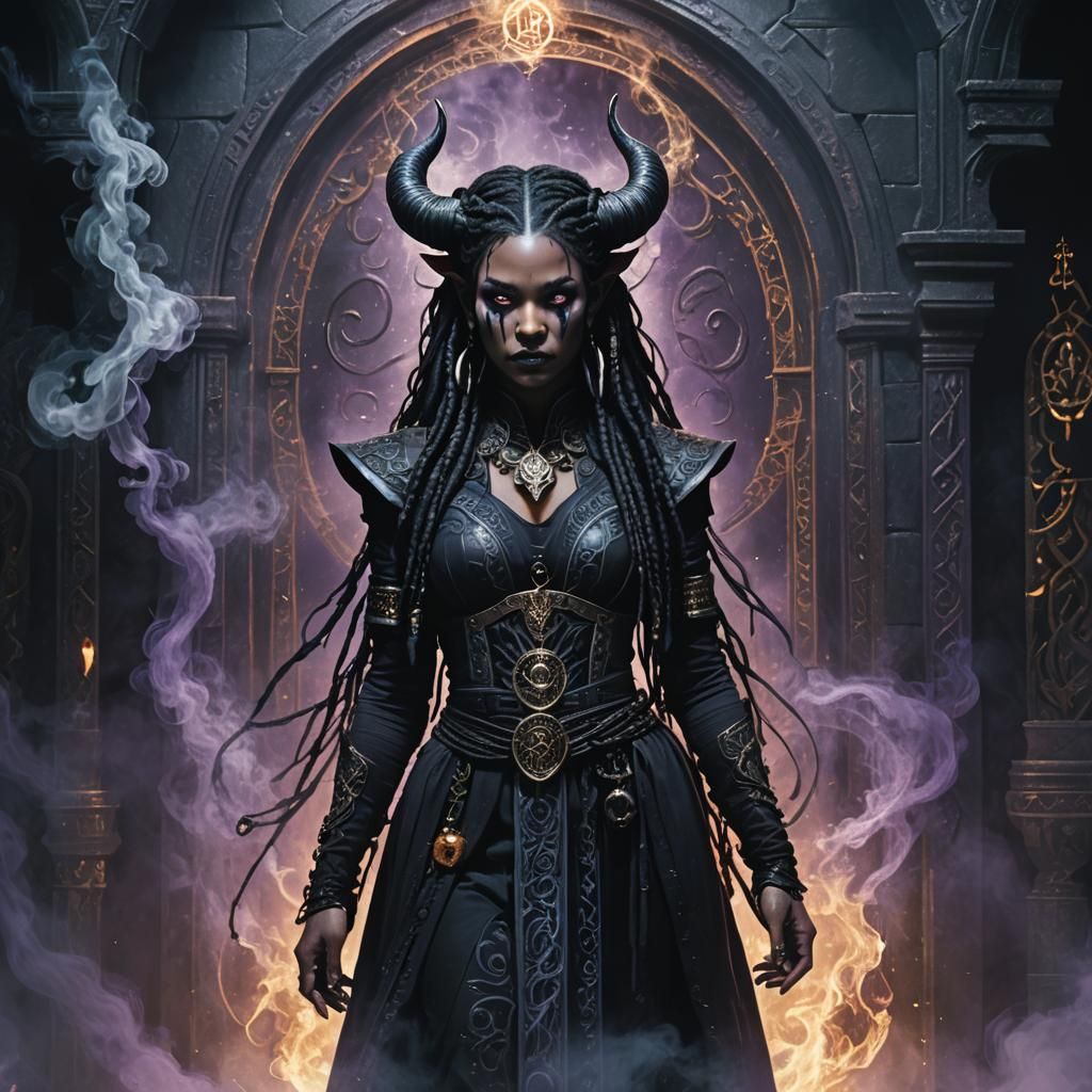 Tiefling Warlock in Mystical Dark Fantasy Chamber