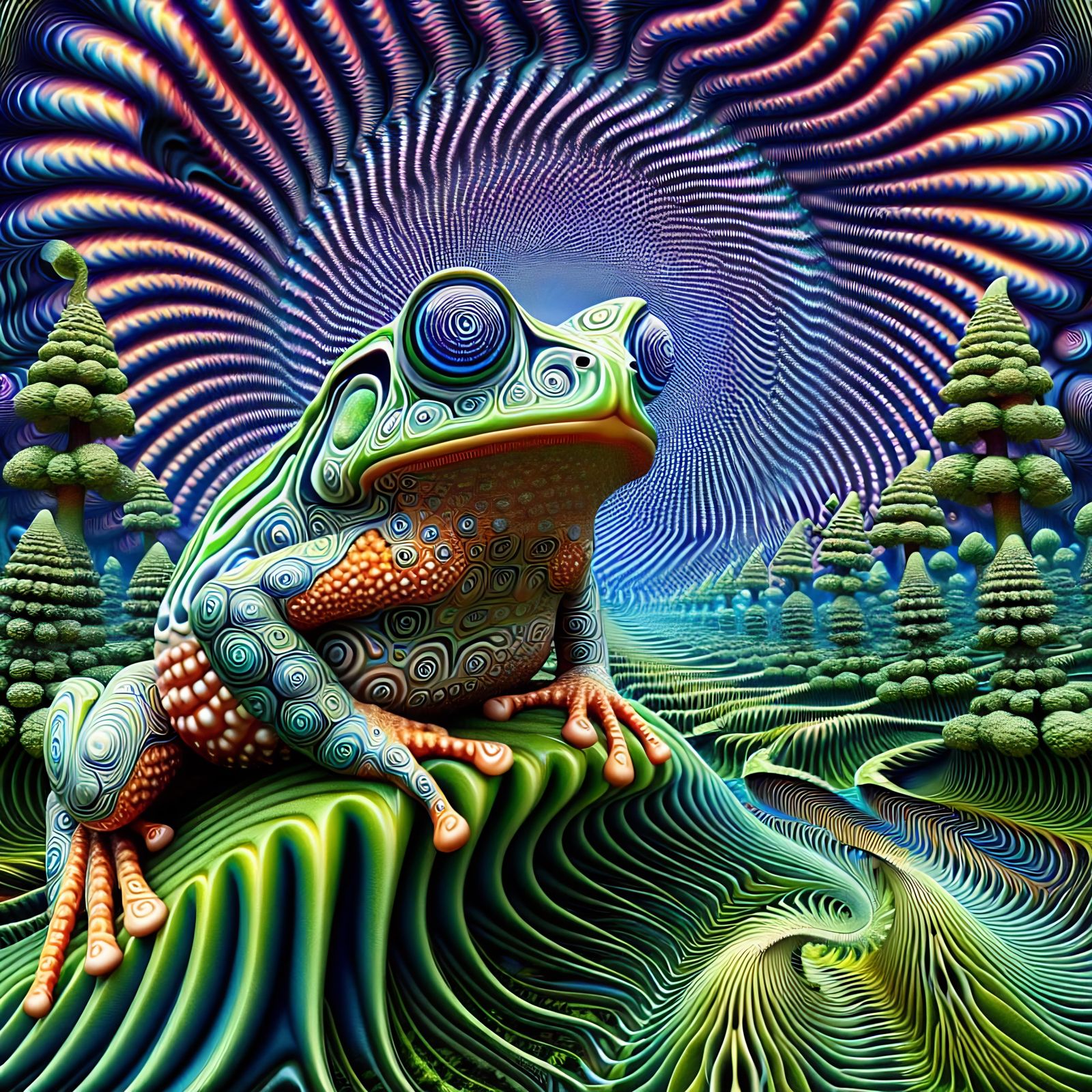 Hypnotic Toad in Surreal Glassmorphism Landscape