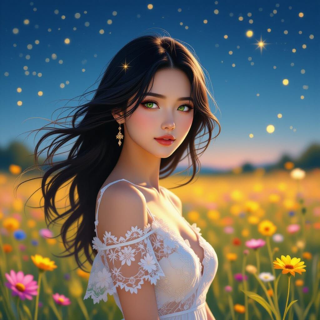 Japanese Woman in Lace Dress in Wildflower Field Under Starl...