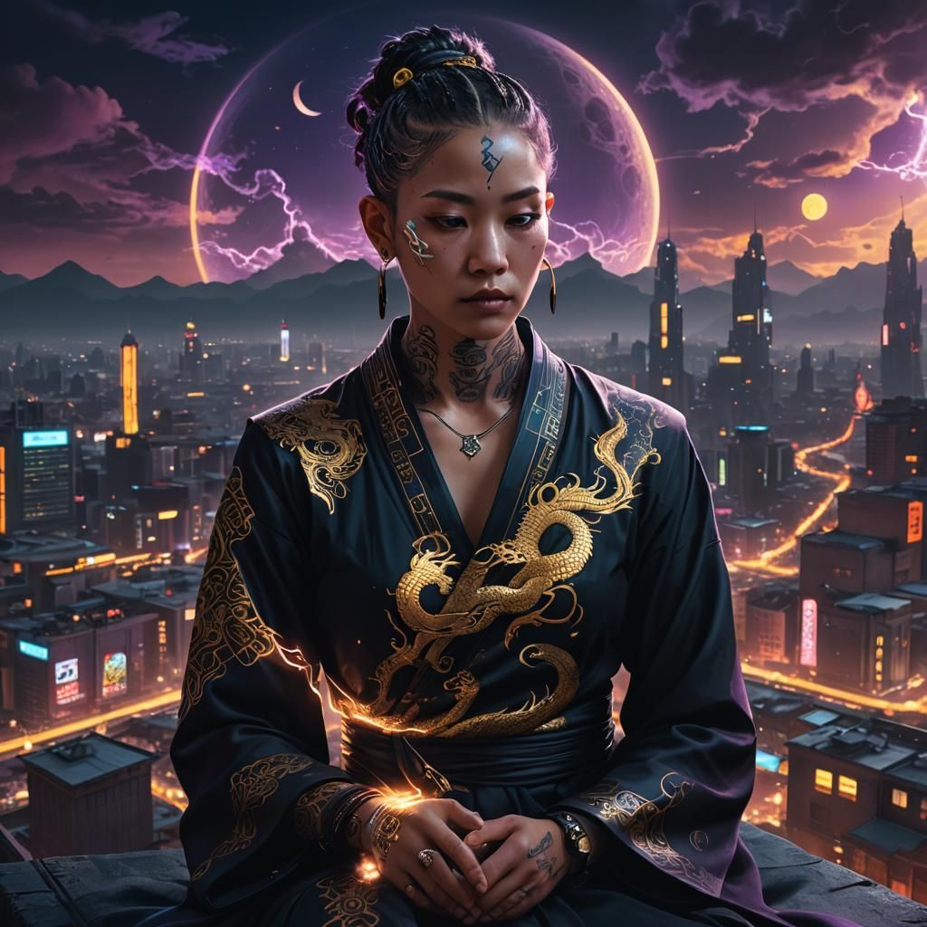 Cyberpunk Monk Meditating in Neon City