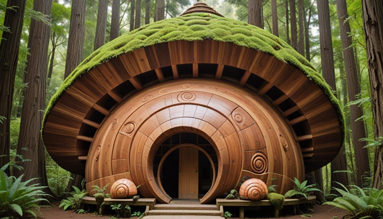 Ghibli-Style Redwood Snail Shell Temple