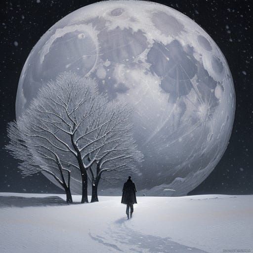 Ethereal Snowy Landscape Under a Large Moon
