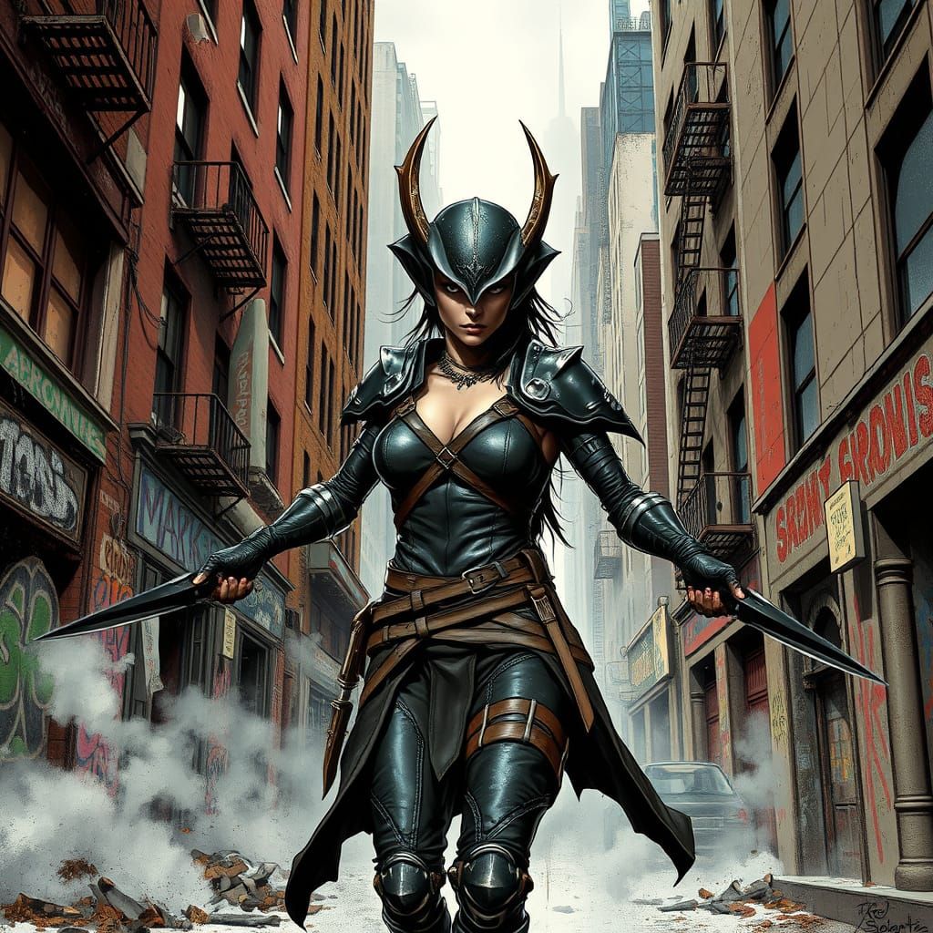 Dark Fantasy Githyanki Ranger in Gritty Urban Landscape