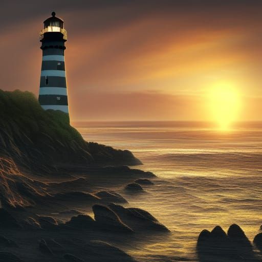 Lighthouse Shadows at Sunset: Detailed Matte Painting