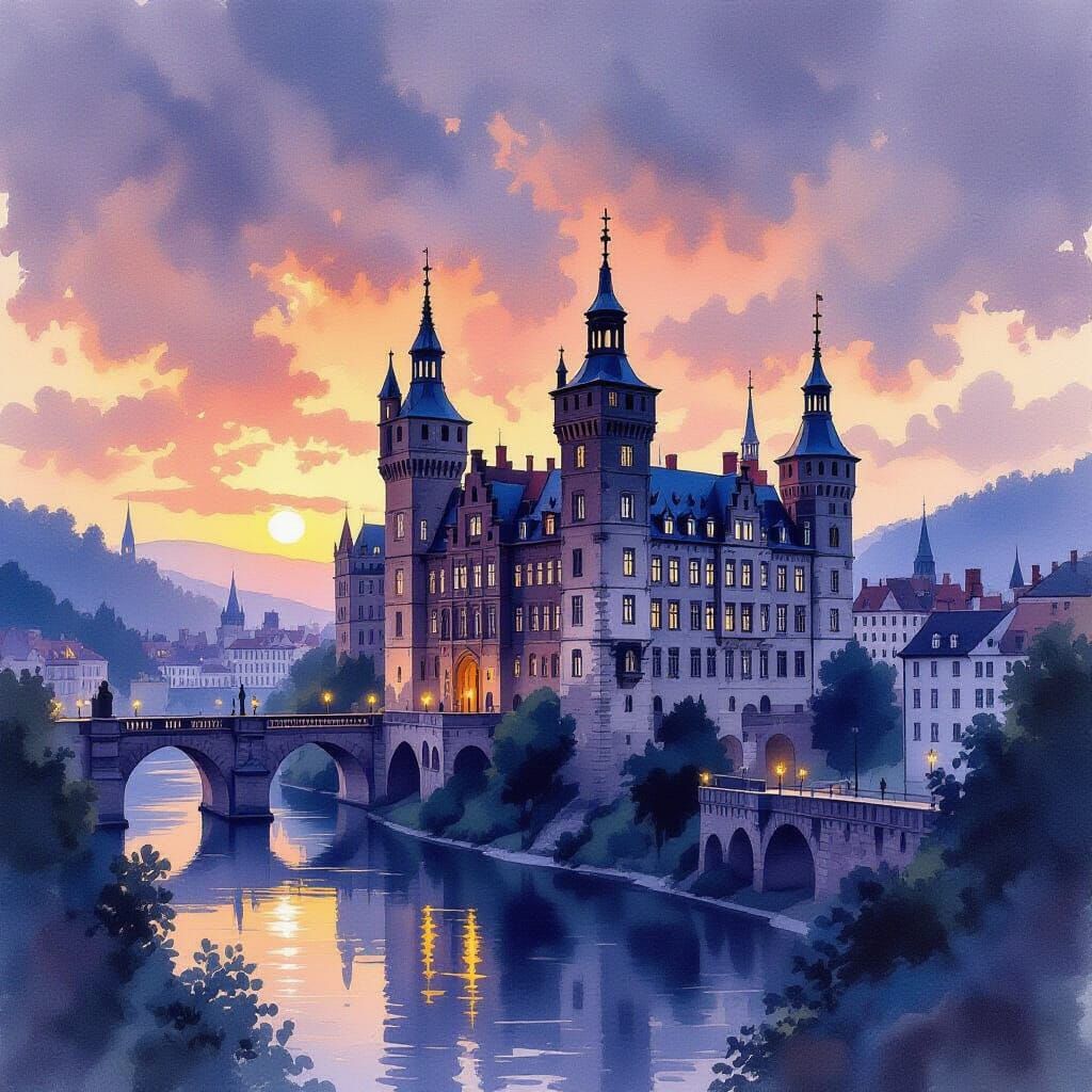 Heidelberg Castle Ruin at Twilight in Watercolor Style