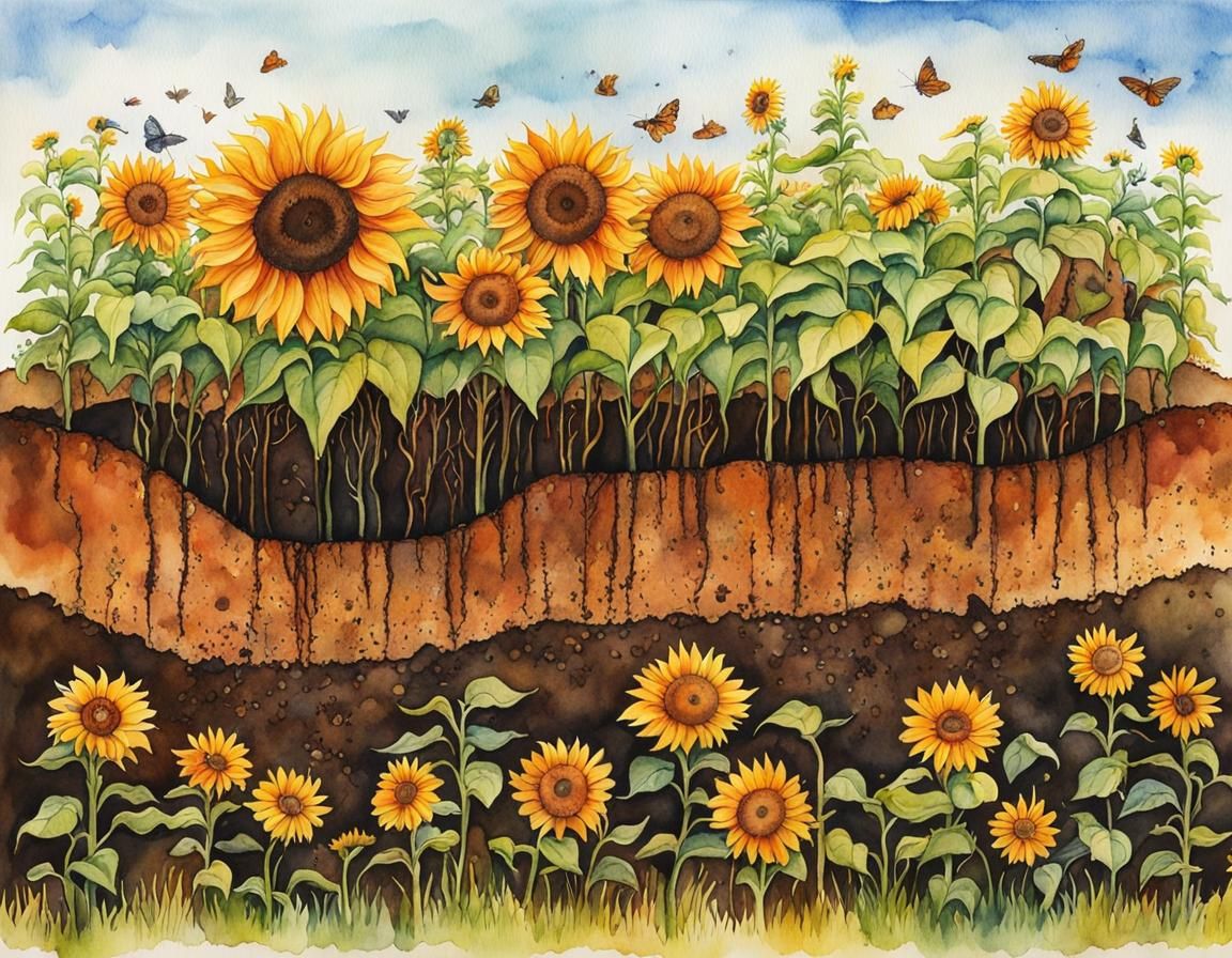 Cross-Section of Earth with Sunflowers in Watercolor