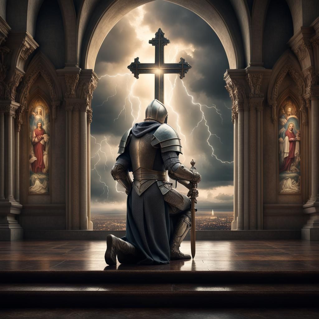 Crusader Knight Praying Before Church: Digital Matte Paintin...