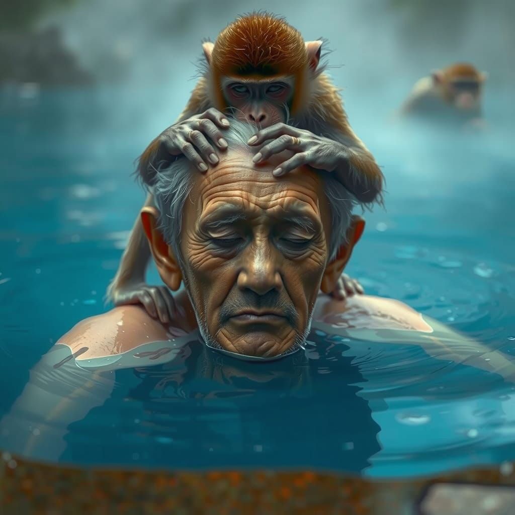 Macaque Grooming Man in Hot Spring: Hyperrealistic Photo