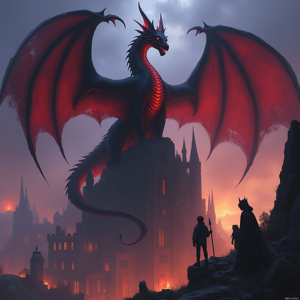 Majestic Vampire Dragon Soars Above Ruined Castle