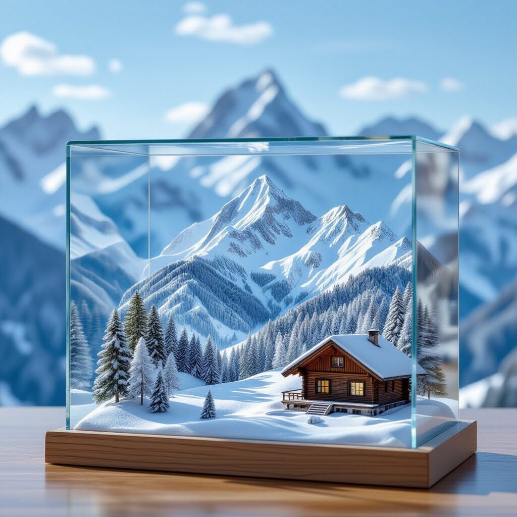 Alps Miniature in Glass Box: Romantic Futuristic Art