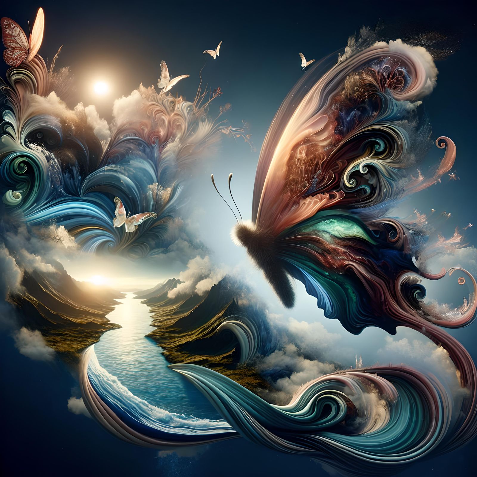 Surreal Butterfly: Earth and River Double Exposure
