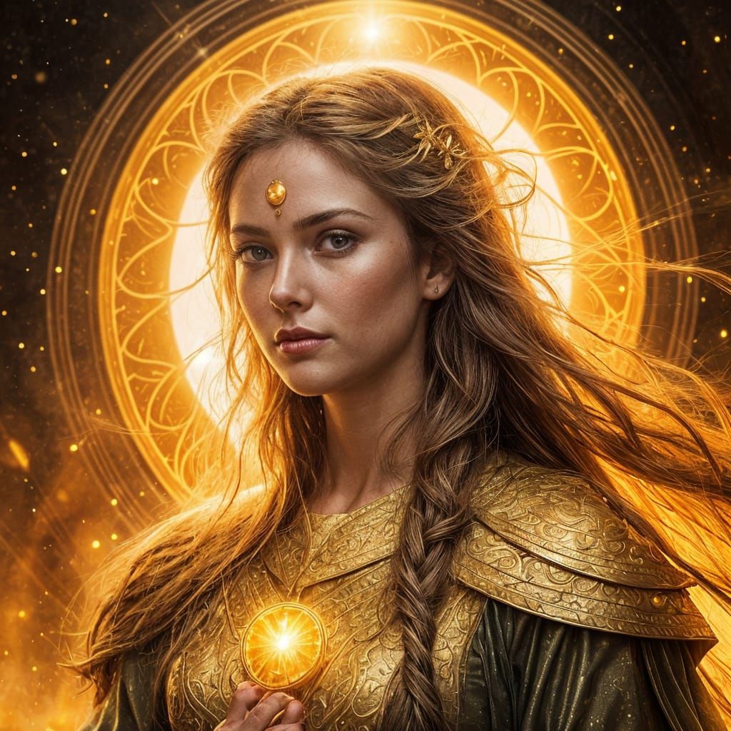 Radiant Solara in Golden Light: Dark Fantasy Art