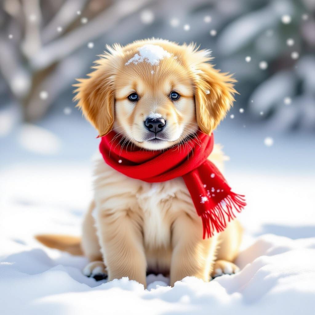 Golden Retriever Puppy in Snow, Whimsical Digital Art