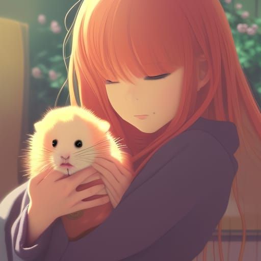 Anime Girl Holding Hamster in Studio Ghibli Style