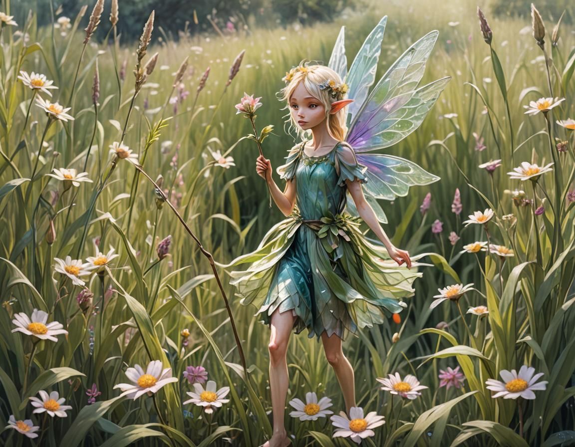 Fantasy Flower Fairy with Spear in Crayon Style