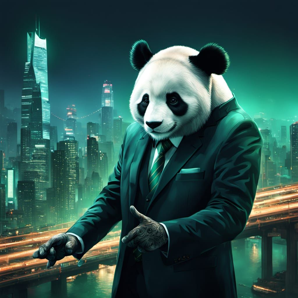 Business Professional Holds Panda in Front of Chongqing City...