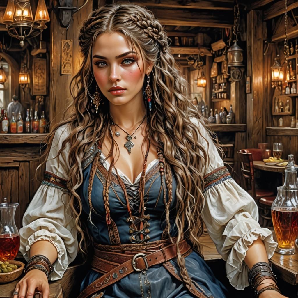 Beautiful Woman in Tavern, Fantasy Art Style