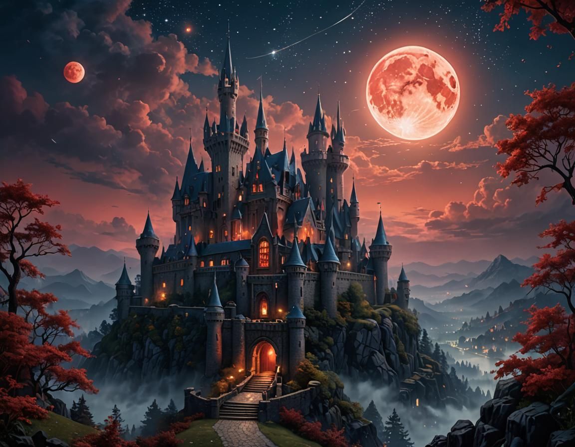 Ethereal Castle Under Red Moon: A Fantasy Masterpiece