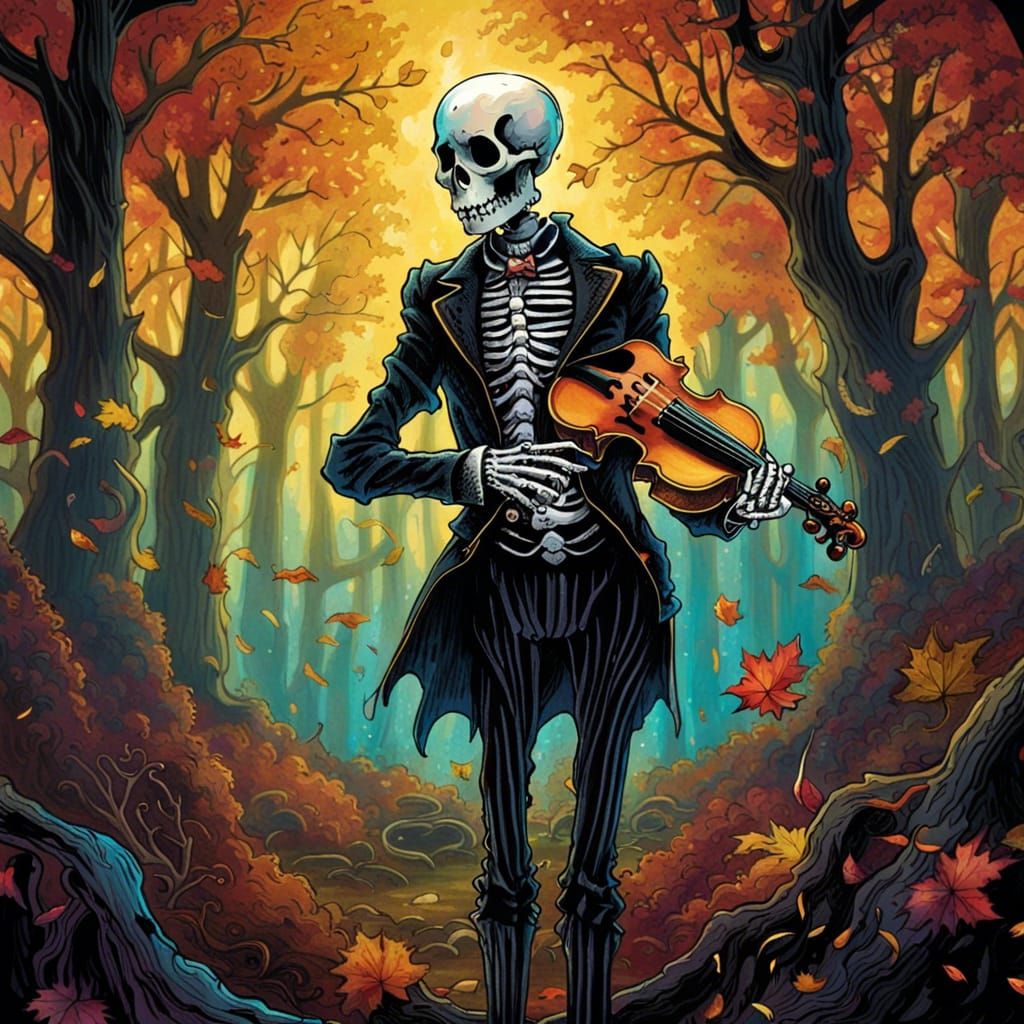 High Gothic Skeleton Plays Violin in Autumnal Woodland