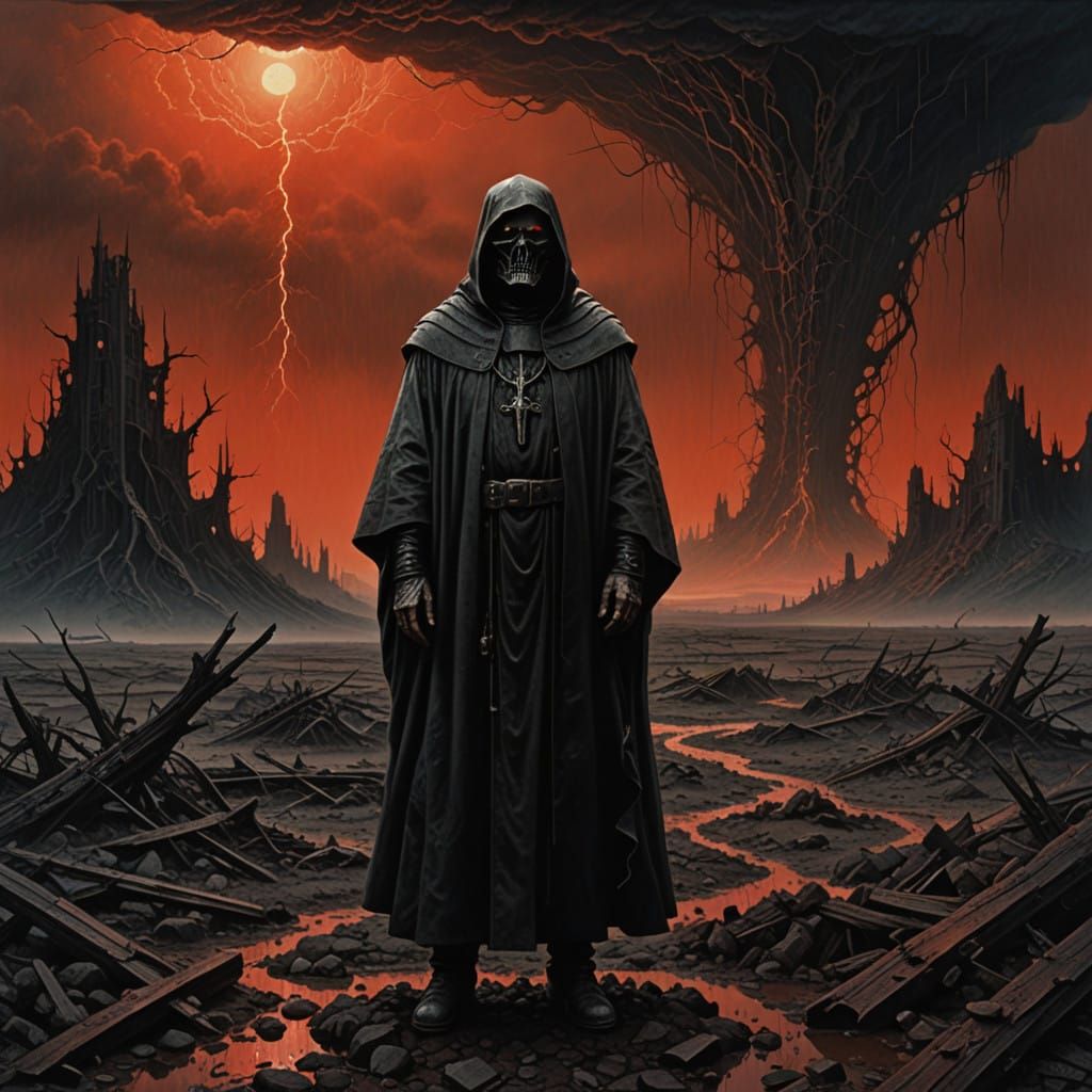 Rugged Priest Under Crimson Rain in a Desolate Post-Apocalyp...