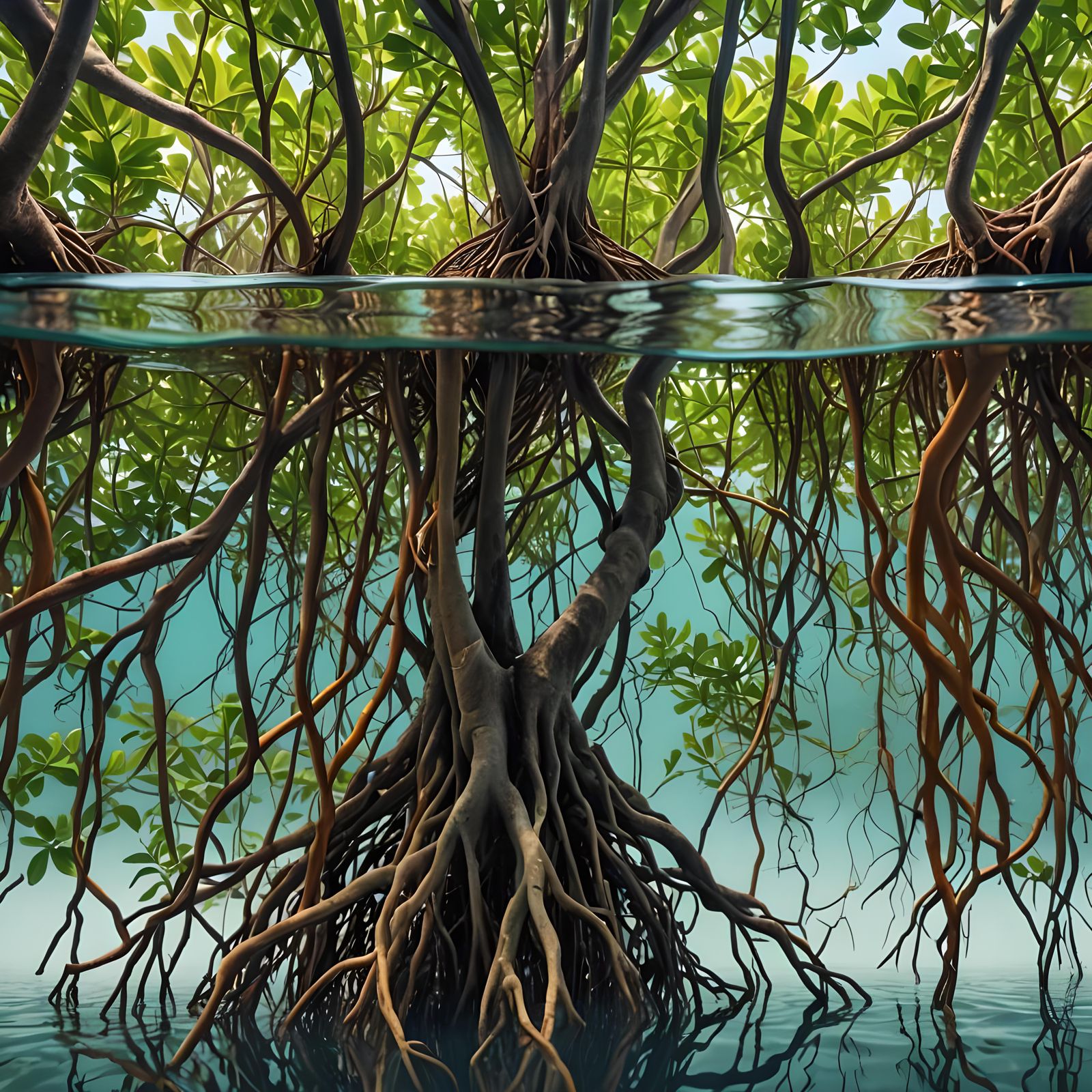 Mangrove Split View: Underwater Roots and Foliage