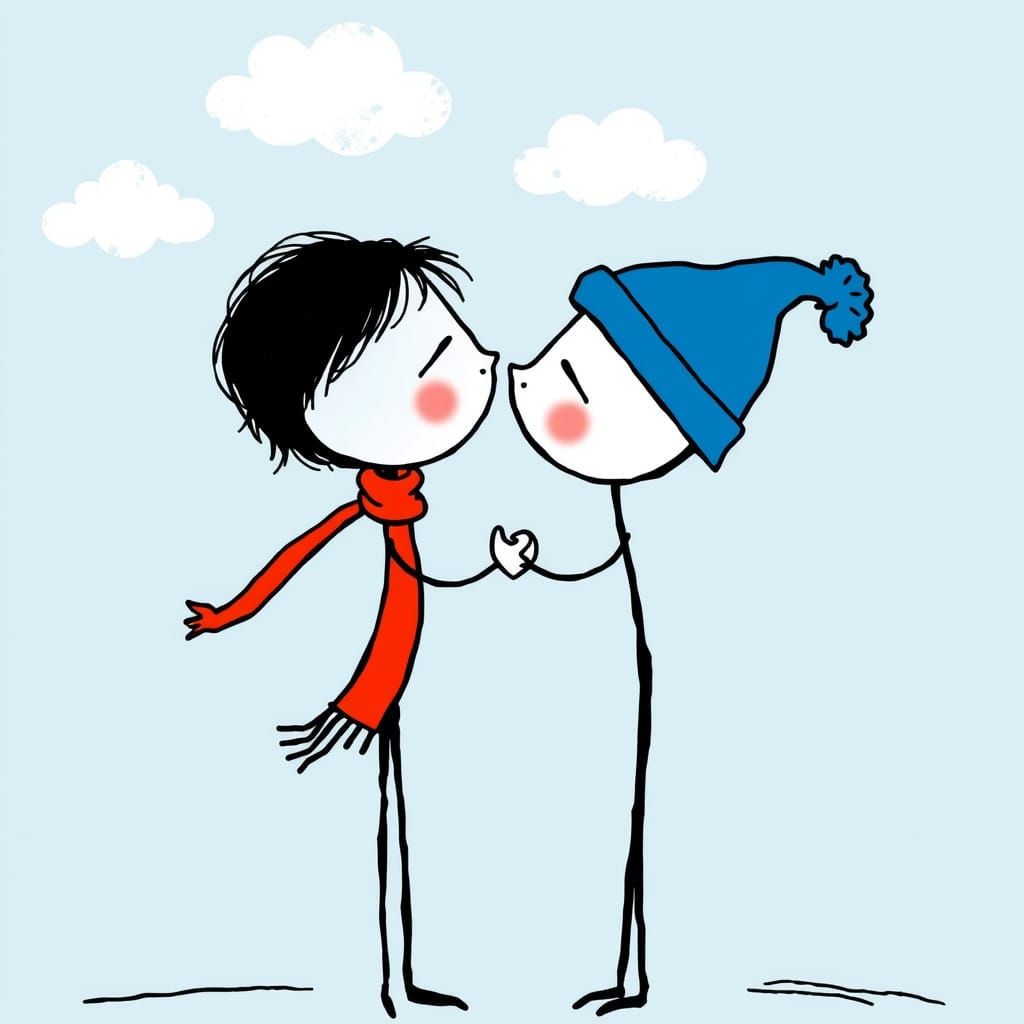 Whimsical Stick Figure Couple in Cozy Blue Scene