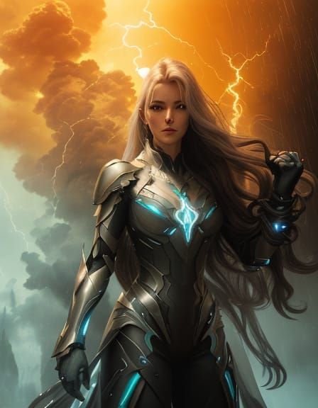 Villain Woman Controlling Lightning in Futuristic Armor