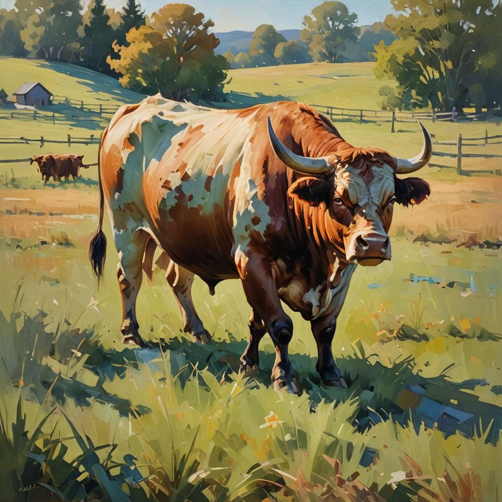 Impressionist Bull in Pasture Oil Painting