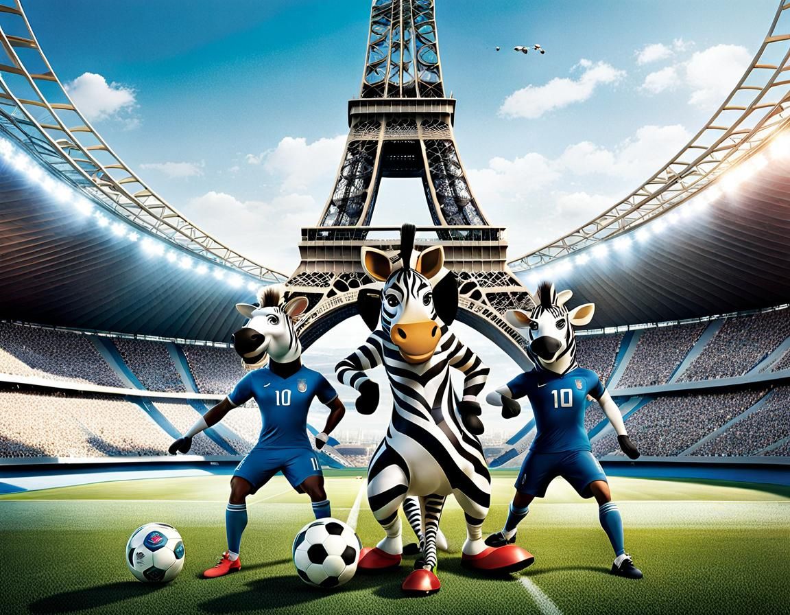 Anthropomorphic Zebras Play Soccer at the Olympics