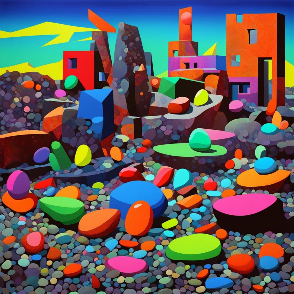 Vibrant Construction Site Stones in Digital Surrealism