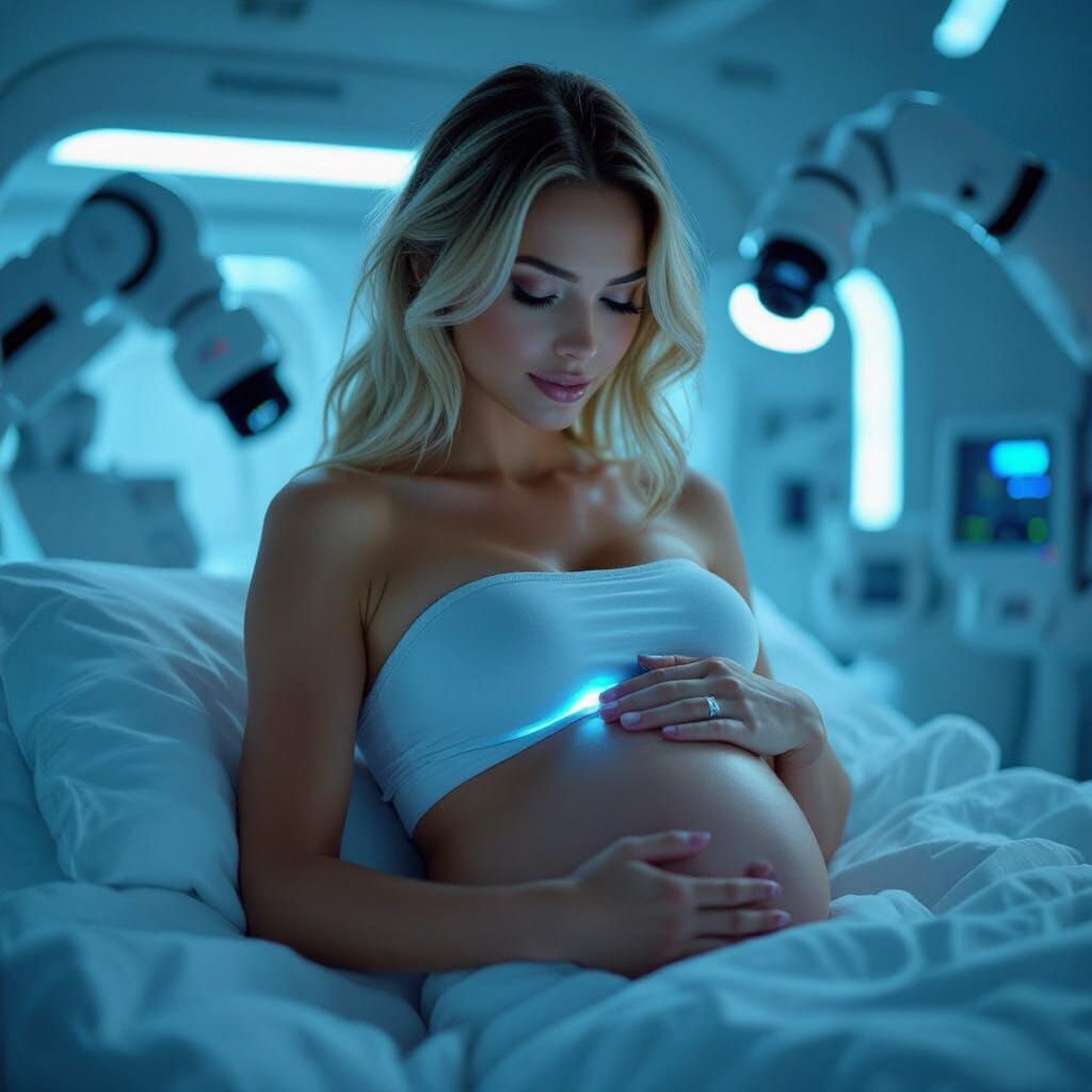Gorgeous Pregnant Woman in Futuristic Maternity Ward