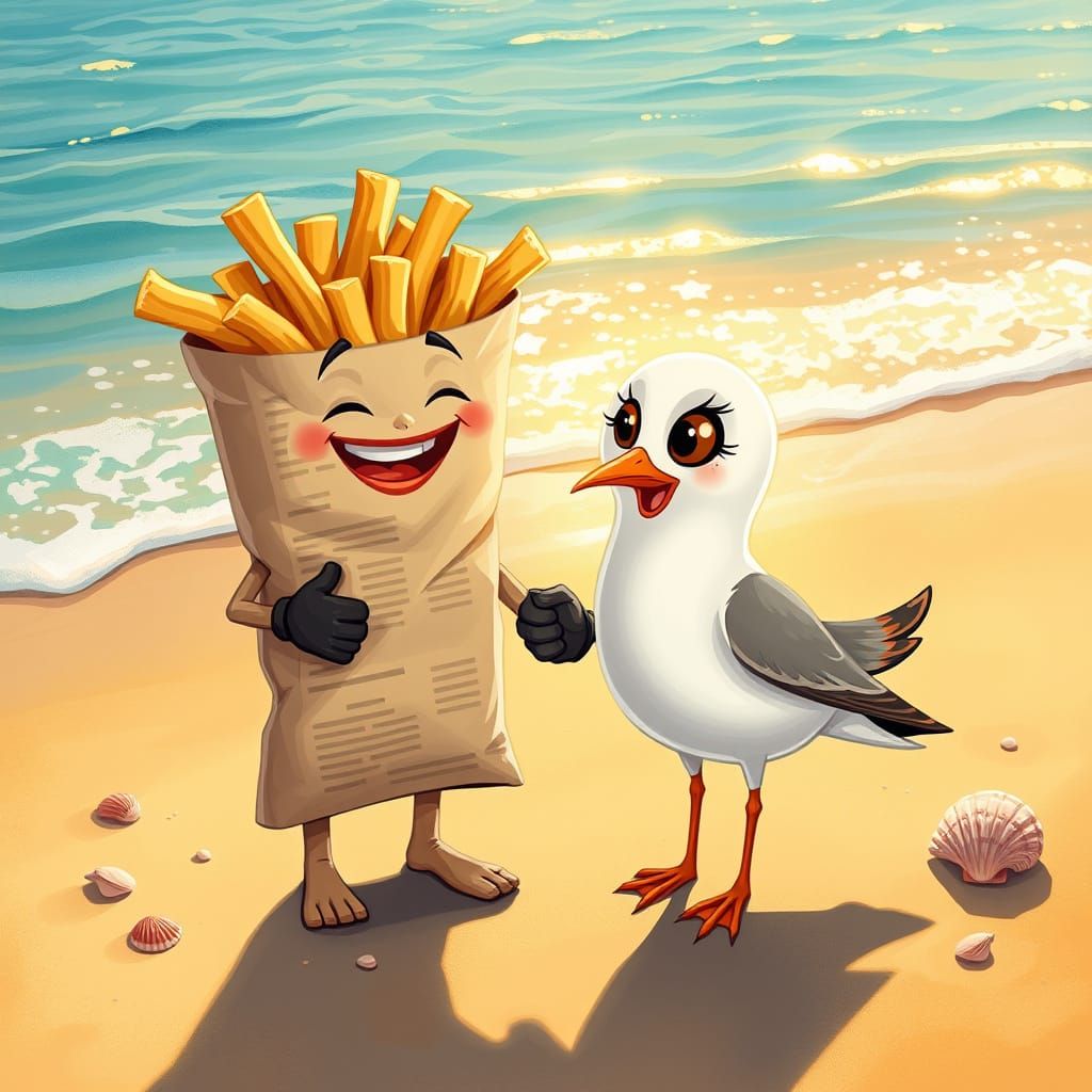 Joyful Beach Friends: Chip Bag and Seagull Laughing