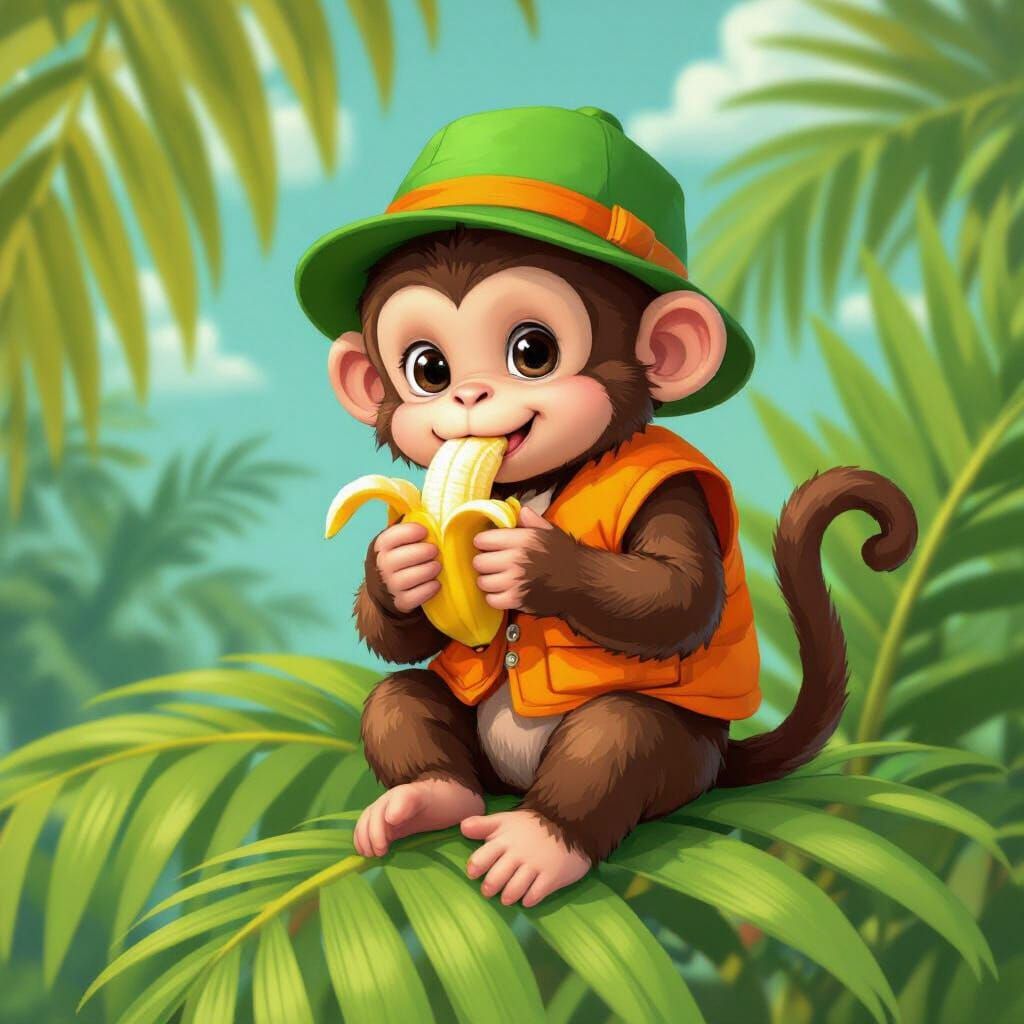 Whimsical Monkey Eating Banana on Palm Tree