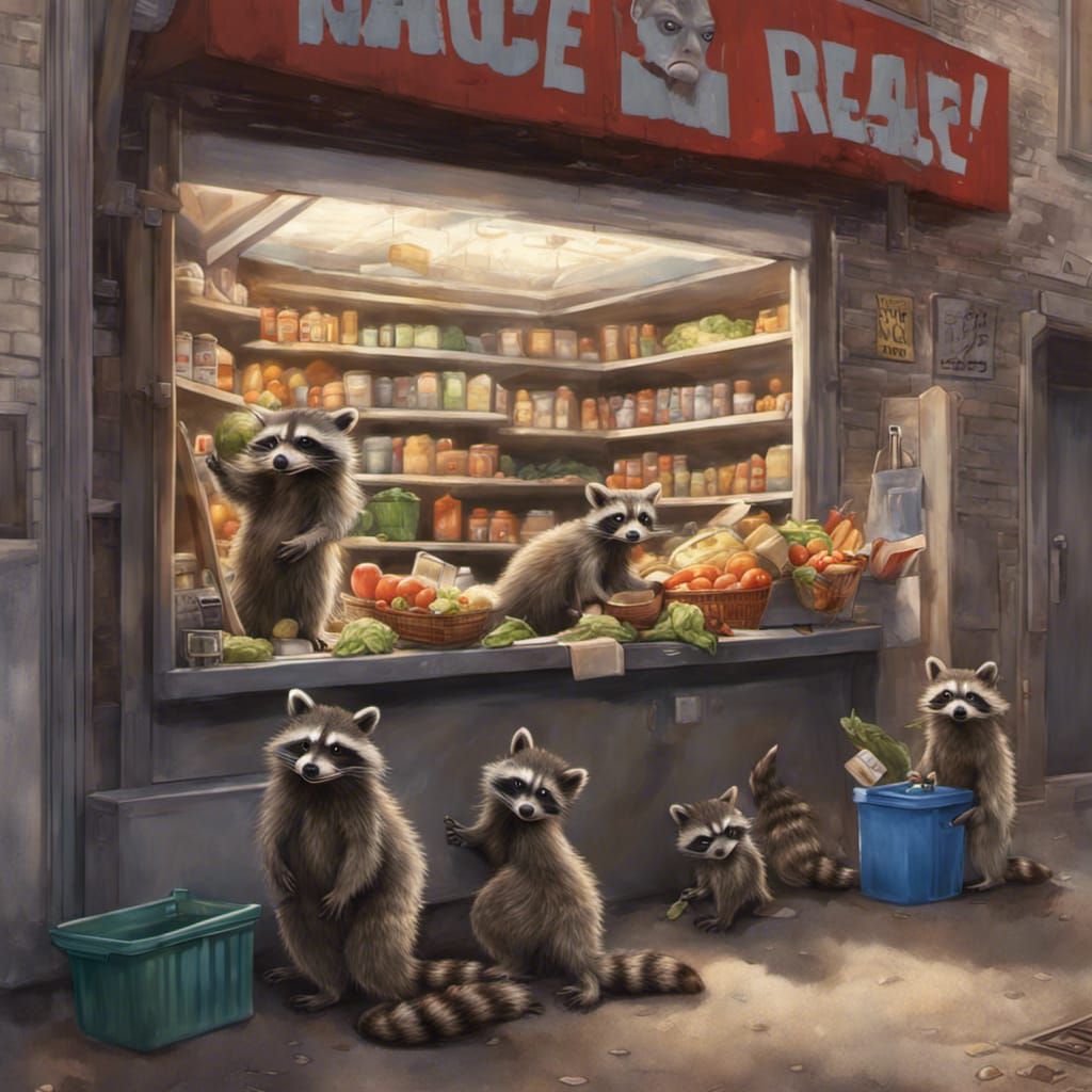 Raccoon Grocery Store in Alley: Hyperrealistic Splash Art