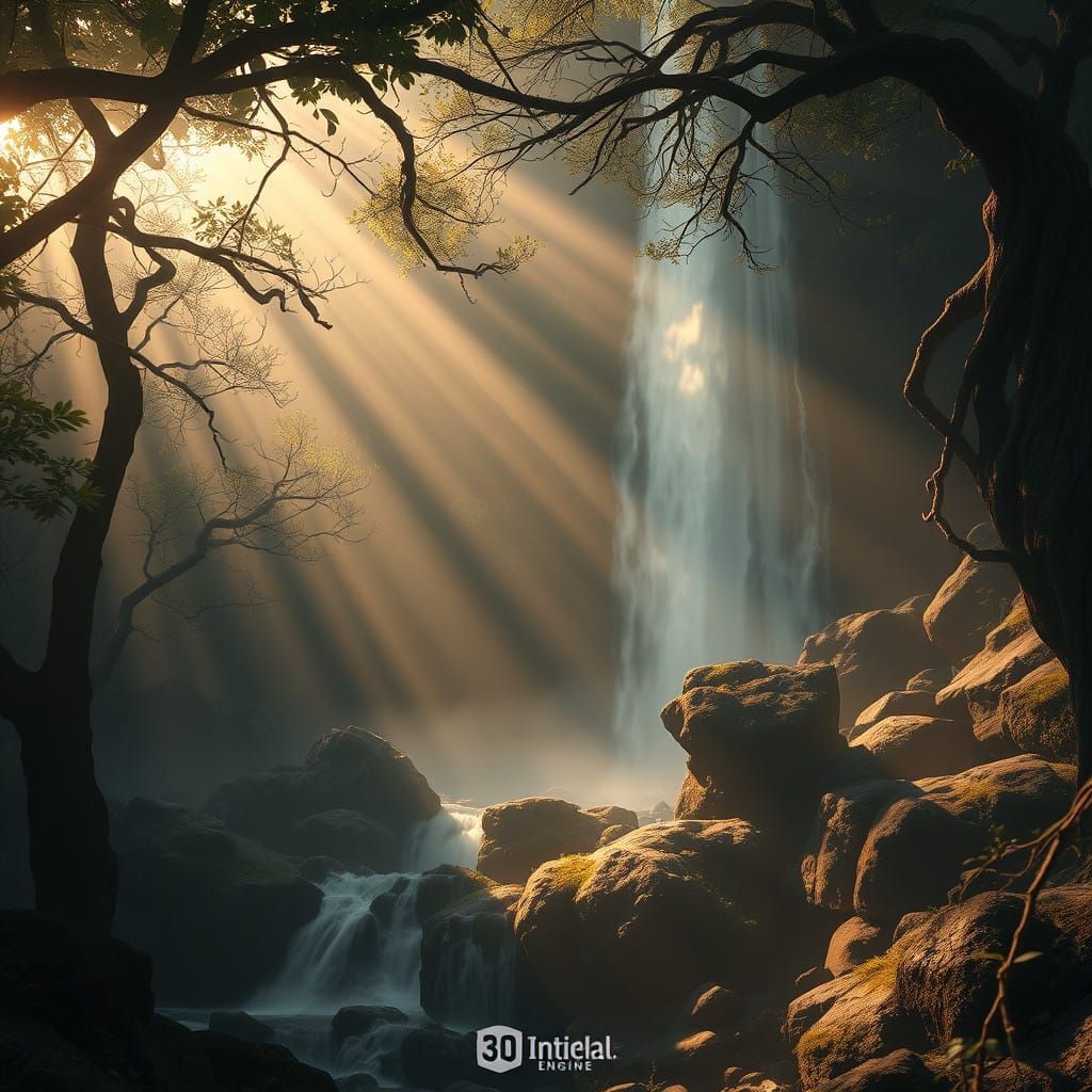 Misty Waterfall Veiled in Foliage, Shrouded in Serene, Golde...