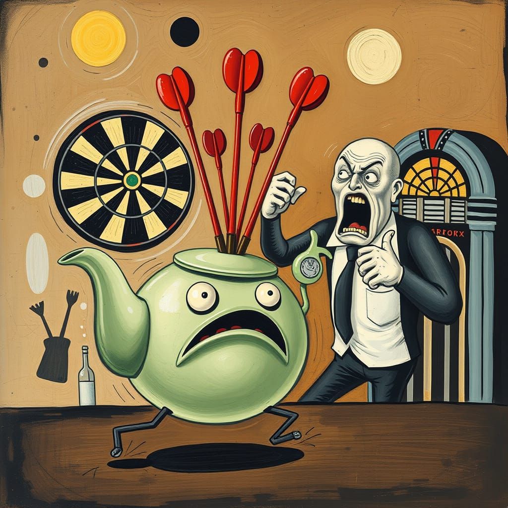 Terrified Teapot Flees Angry Bar Patron in Whimsical Style