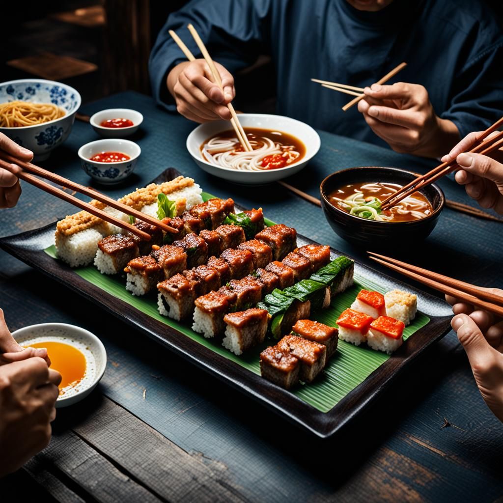 Chinese People Eating with Chopsticks: Hyperrealistic Photo