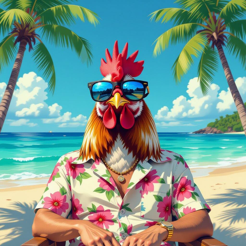 Chicken on Vacation in Tropical Surrealist Style
