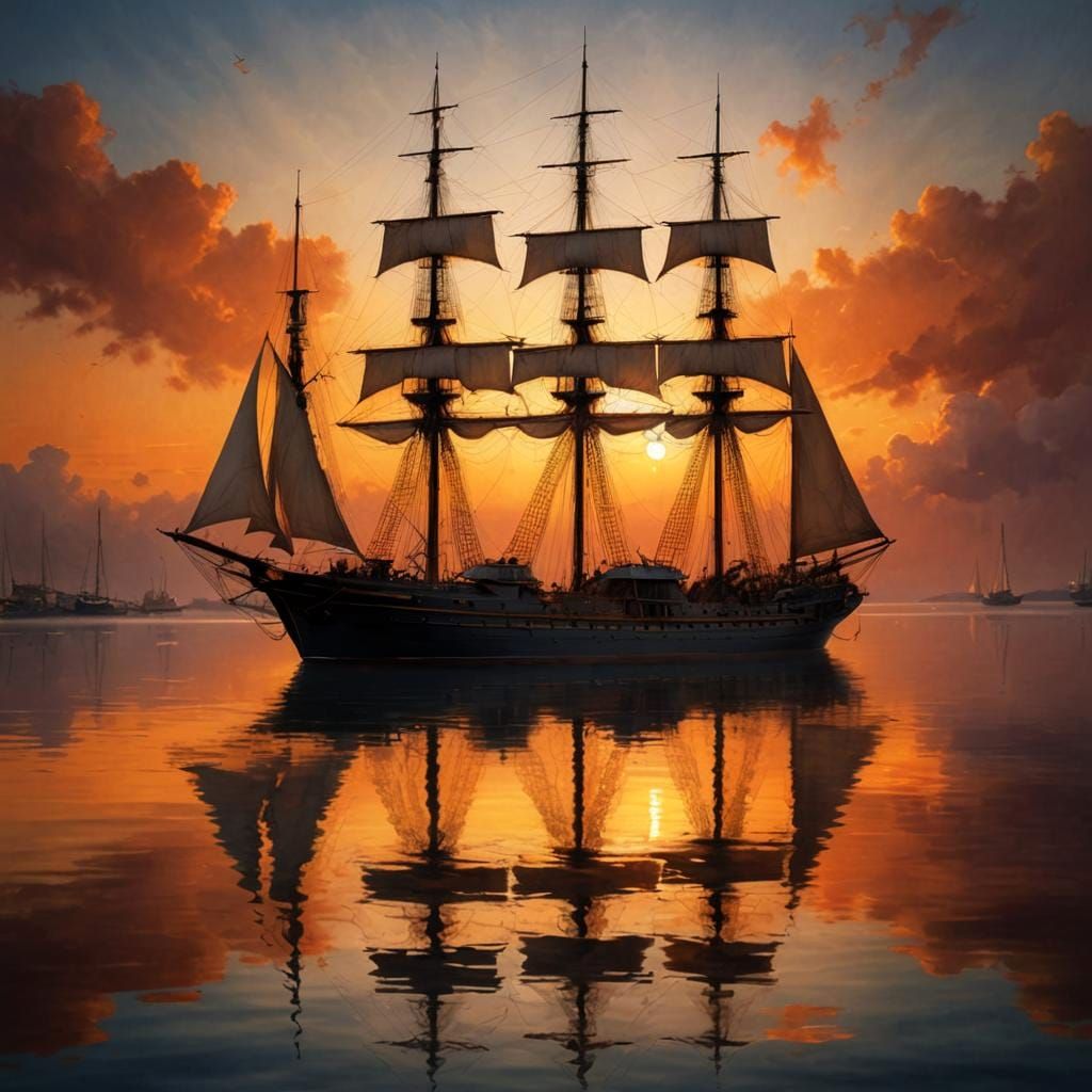 Sailing Ship Silhouetted Against Fiery Sunset