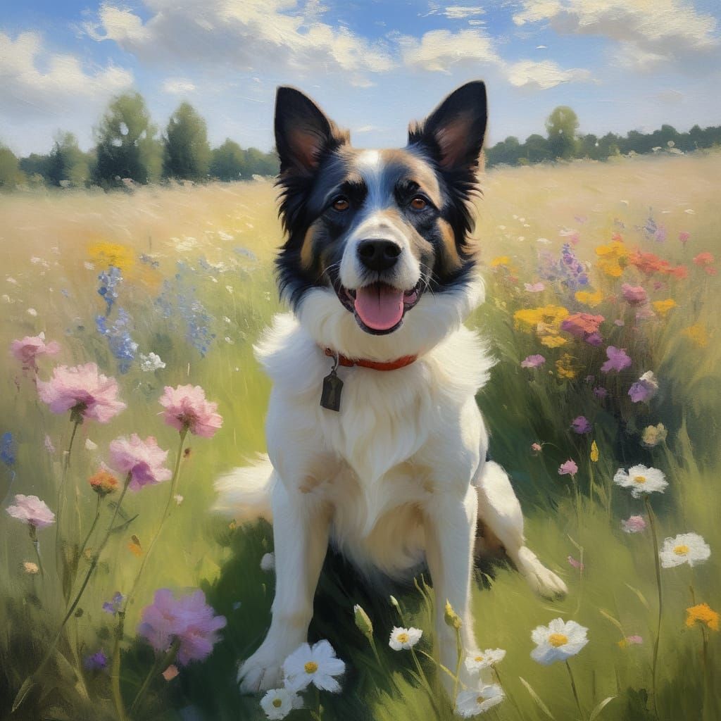 Impressionist Masterpiece: Fluffy Dog in Vibrant Meadow