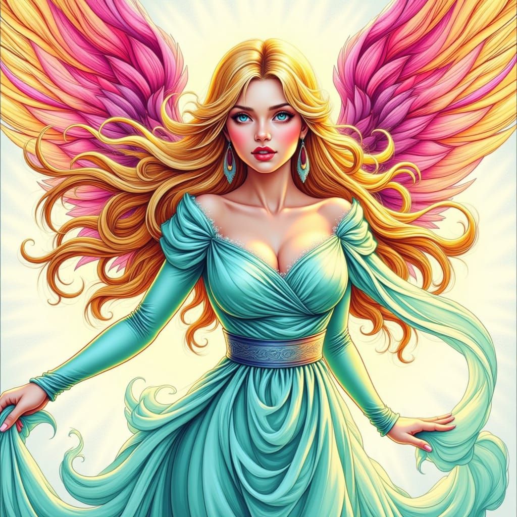Angel in Light Blue Gown with Pink Gradient Wings, Pop-Art S...