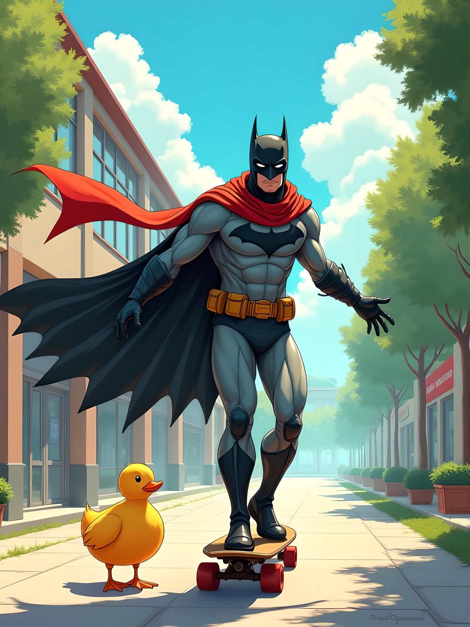 Batman and Duck Skateboard Adventure in Ghibli Style