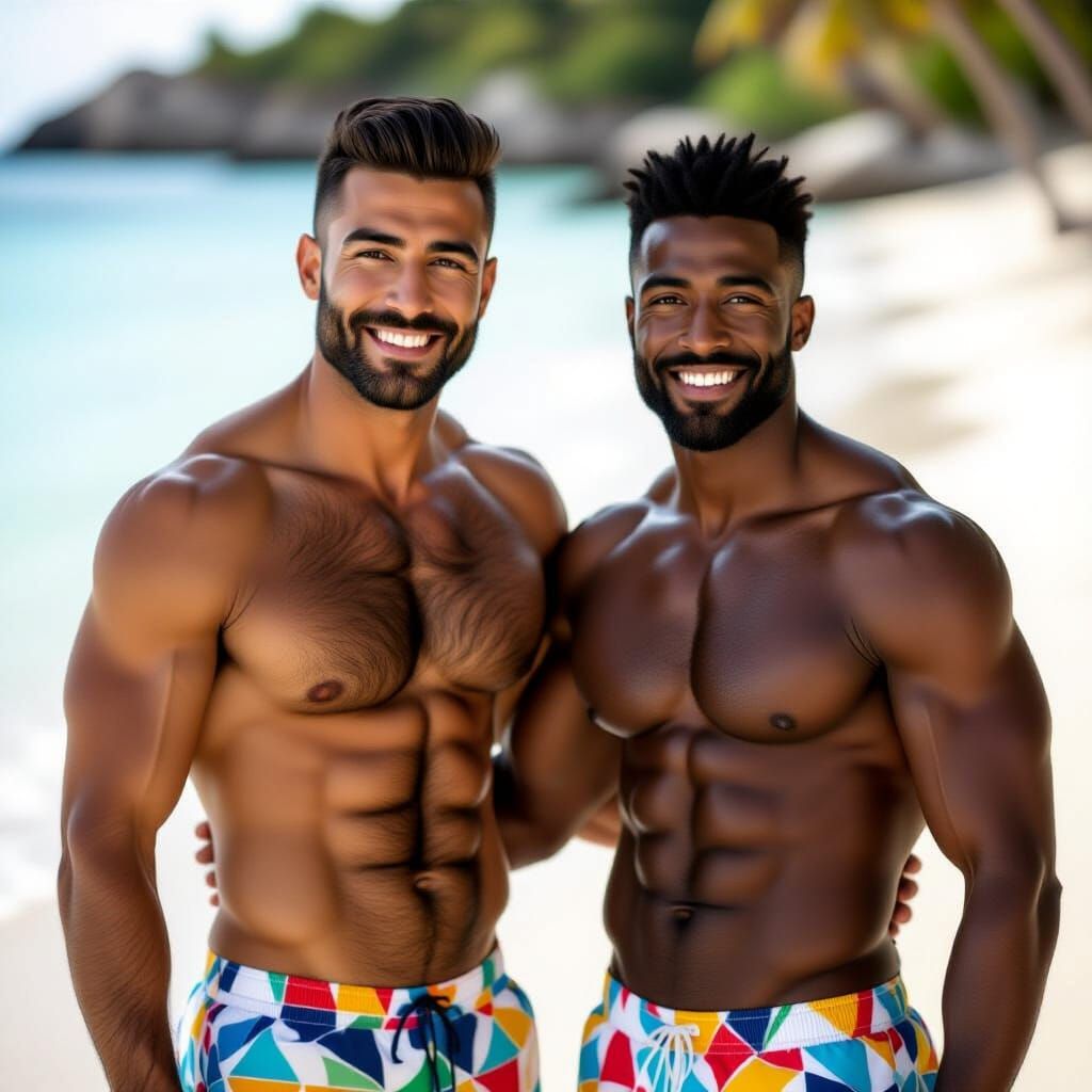 Joyful Couple on a Beach in Photorealistic Style